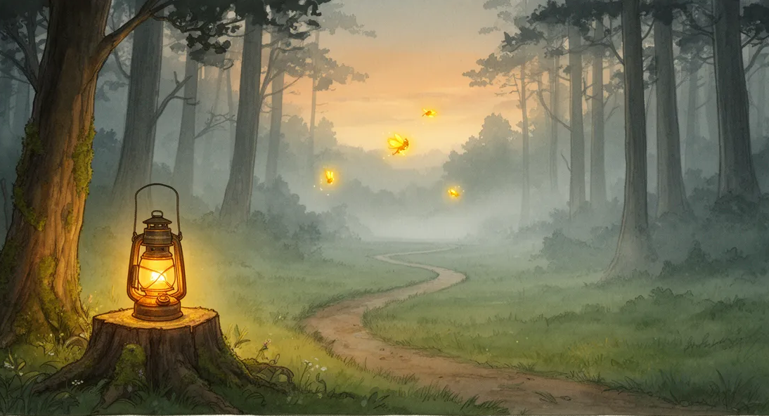 Waldlichtung im Abendlicht mit Laterne und Glühwürmchen
