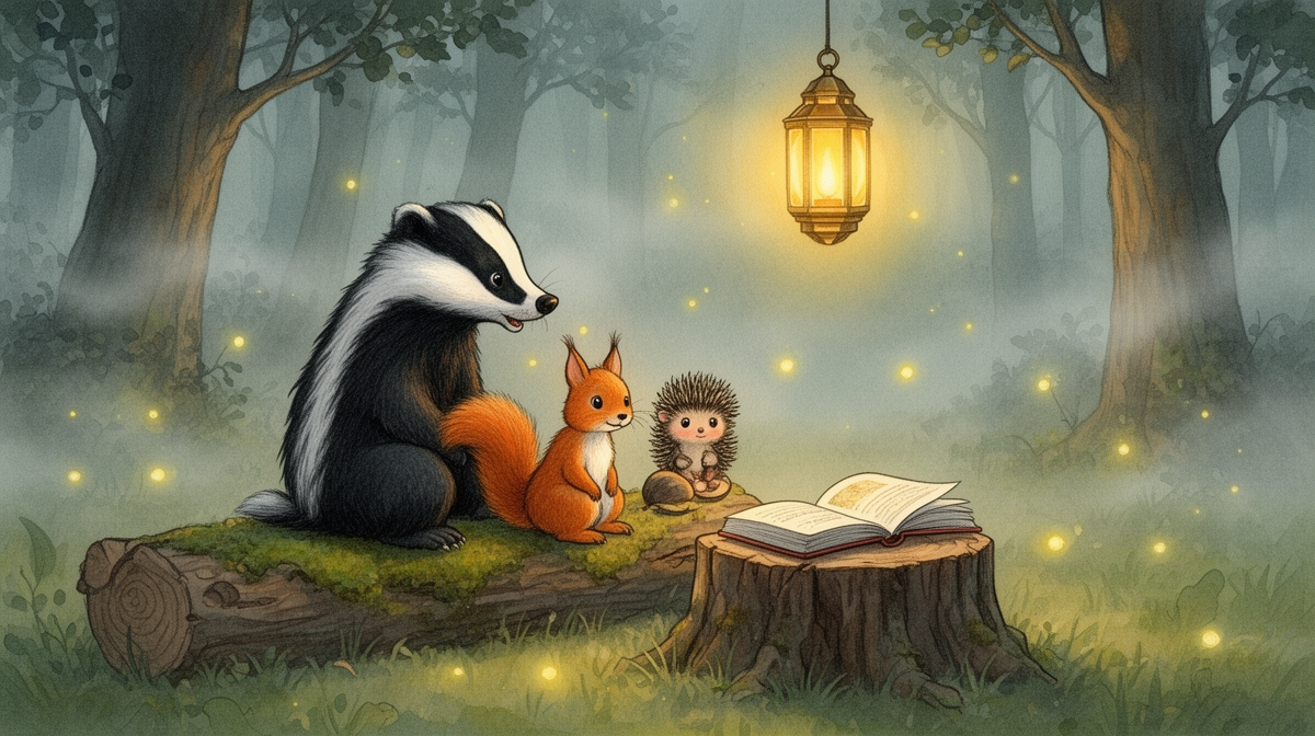 The badger tells the squirrel and the little hedgehog a story by lantern light