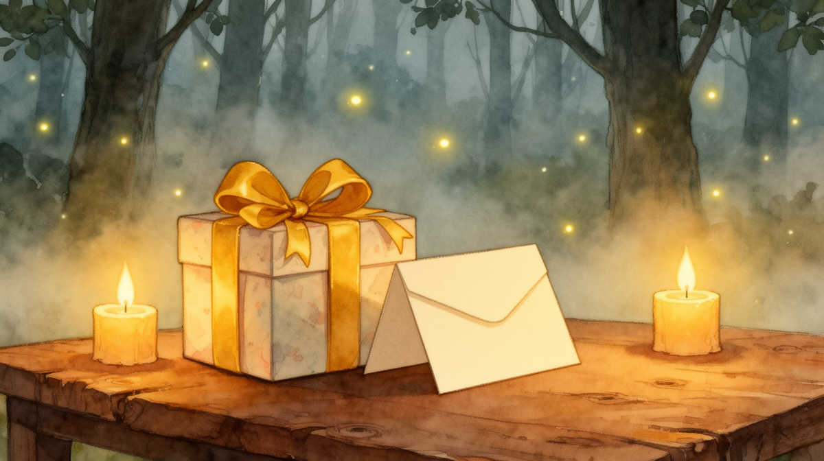 A gift with a golden ribbon and a card in candlelight